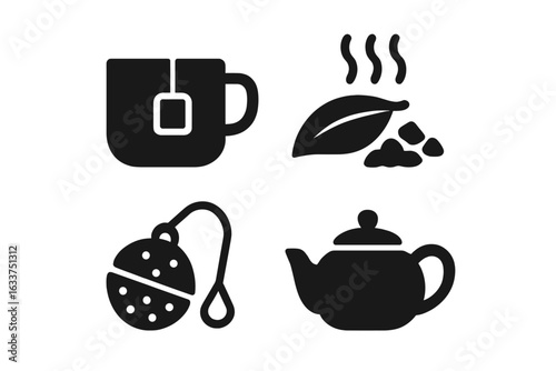 Tea brewing vector icon set. Solid filled symbols of teacup with bag, loose leaf tea, steaming tea infuser ball, classic teapot with lid. Black pictograms for cafe, beverage, hot drink preparation.