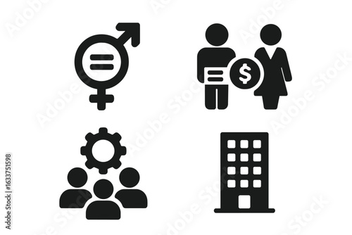 Workplace Equality and Diversity Icons Set. Gender Equality Symbol, Equal Pay for Women and Men, Teamwork and Collaboration, Corporate Office Building. Inclusive Employment, Business Concept Vector