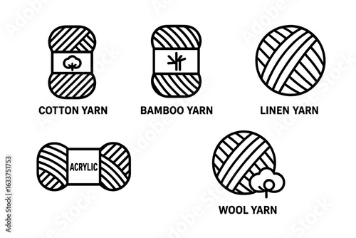 Yarn Icon Collection. Outline vector set of crochet yarn materials including cotton yarn, bamboo yarn, linen yarn, acrylic yarn, wool yarn. Hand drawn knitting symbols, craft supplies, hobby icons.