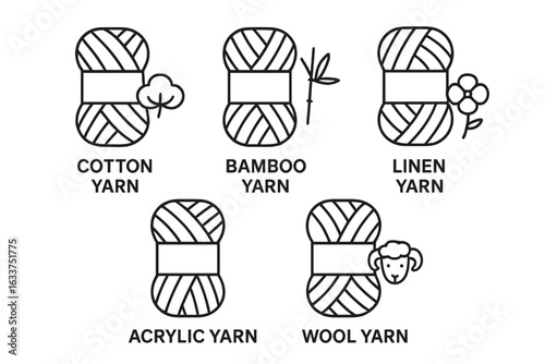 Yarn Icon Collection Outline Set, Crochet Yarn Materials, Cotton, Bamboo, Linen, Acrylic, Wool, Handcraft Supplies Vector, Knitting Tools, Needlework Symbols, Transparent Background