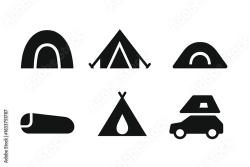 Camping Tent Icon Collection – Solid Black Vector Icons of Dome Tent, A-Frame Tent, Pop-up Tent, Bivy Sack, Teepee, Roof Top Car Tent for Outdoor Adventure, Hiking, Travel, Glamping, Expeditions