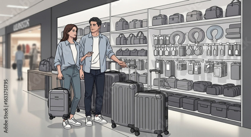 A couple shopping for luggage in a modern travel store.