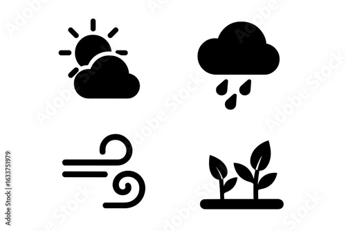 Solid Weather and Environment Icon Set. Sun with Clouds, Rain Cloud with Raindrops, Wind Swirl, Growing Plants. Black Vector Symbols for Forecast, Climate, Agriculture, Nature, Garden, Eco Concepts