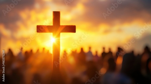 Worship event featuring cross illuminated by divine light outdoor setting spiritual atmosphere inspirational concept