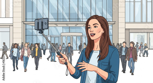 A young woman records video with a selfie stick in front of a building, surrounded by people.