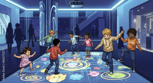 Children playing on an interactive floor projection in a modern, futuristic museum or exhibition space. Silhouetted adults watch from the background.