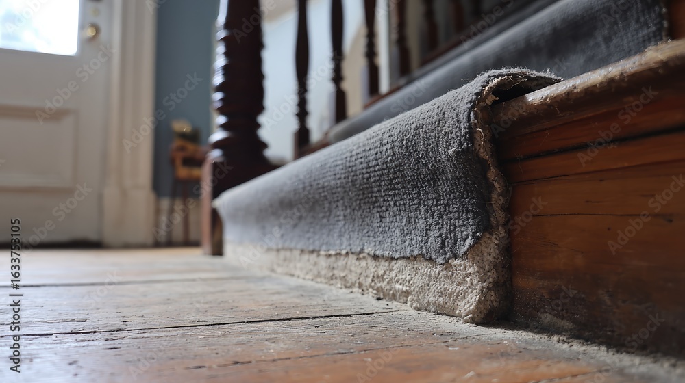 Obraz premium Worn Carpet Edge on Wooden Floor with Steps and Natural Light in an Indoor Setting