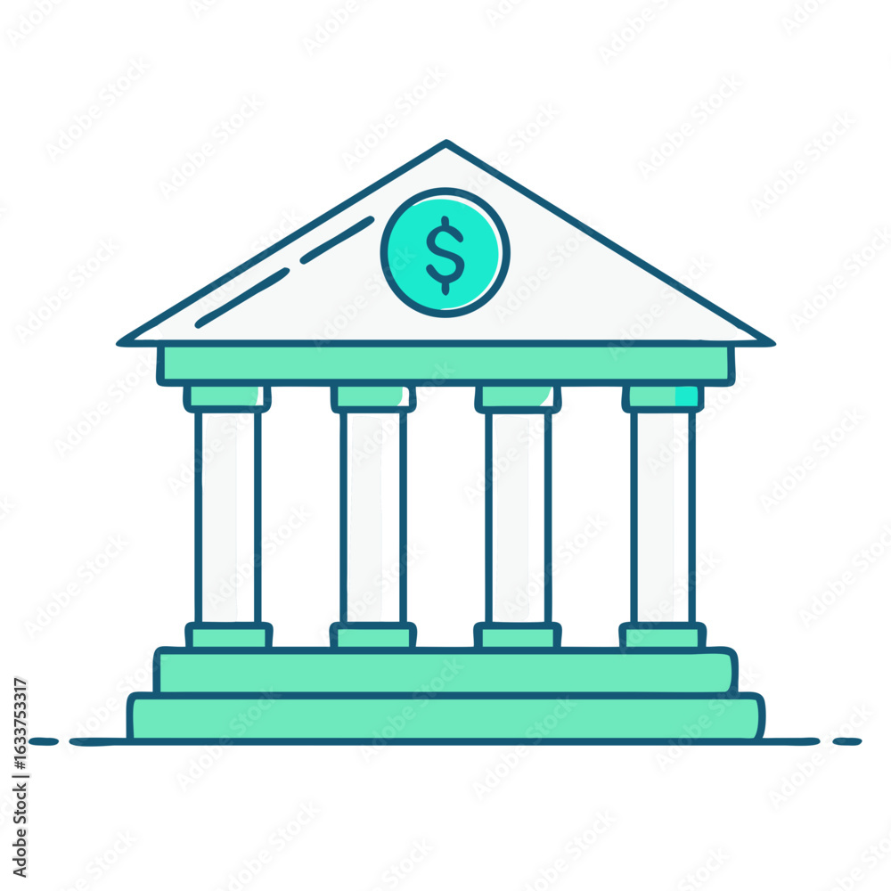 Stylized Cartoon Depiction of a Bank Building in Light Green and White Stylized Cartoon Depiction of a Bank Building in Light Green and White