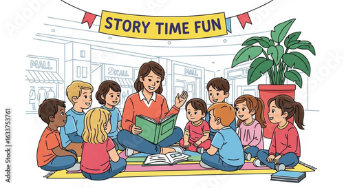A teacher reads a book to a group of children during story time.