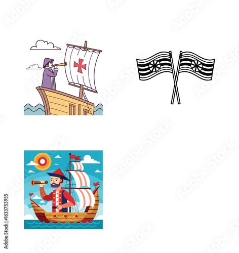 Columbus Day illustrations featuring historical ships, explorers, and nautical symbols