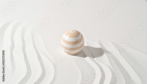 Striped Sphere Resting On Gentle Waves Of White Sand With Beige And White Color Palette And Minimalist Design