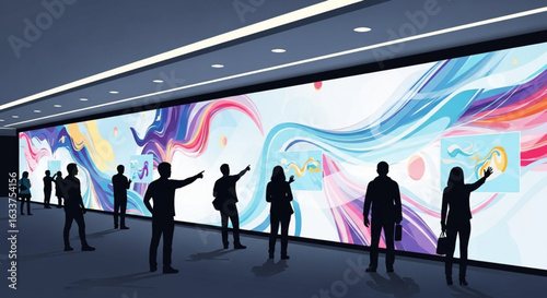 Silhouette figures of people viewing a large interactive display wall with abstract art.