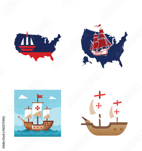 Four square nautical themed image Columbus Day featuring ships and United States map