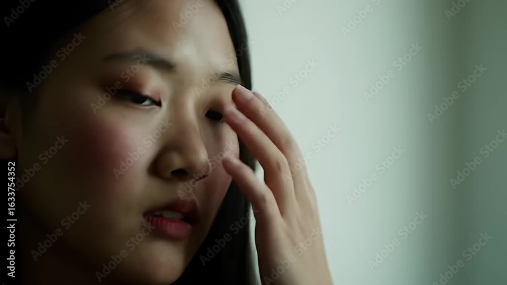 Pensive Asian woman with pink blush and dark hair looking off-frame in soft lighting Pensive Asian woman with pink blush and dark hair looking off-frame in soft lighting