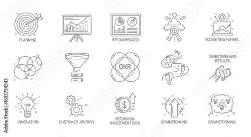 Collection of modern thin line icons for business strategy, including KPI dashboard, OKR, ROI, and marketing funnel concepts.