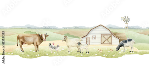 Watercolor farm landscape with cow, goats, sheep, rooster and chickens isolated illustration. Hand drawn grazing animals on green grass meadow with wooden barn. Countryside green hills clip art