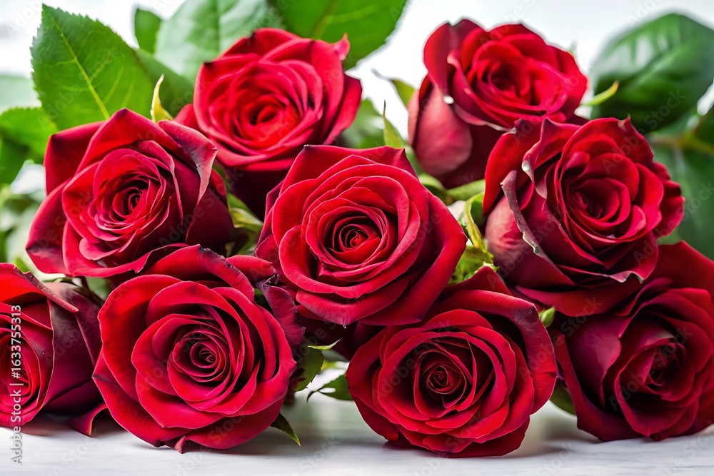 Obraz premium A lush bouquet of deep red roses with vibrant green leaves
