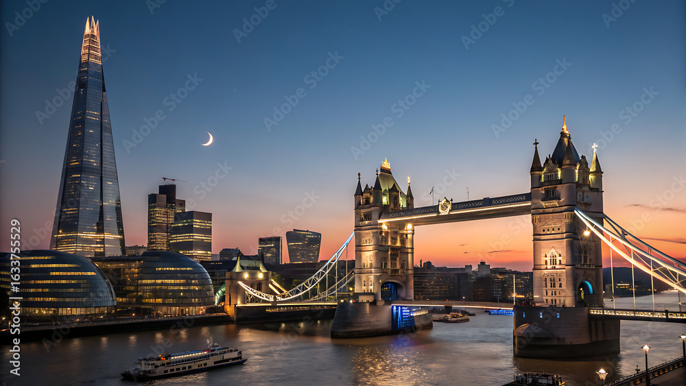 Obraz premium Historic stone bridge at dusk, featuring a cobblestone pathway leading towards a city skyline. 