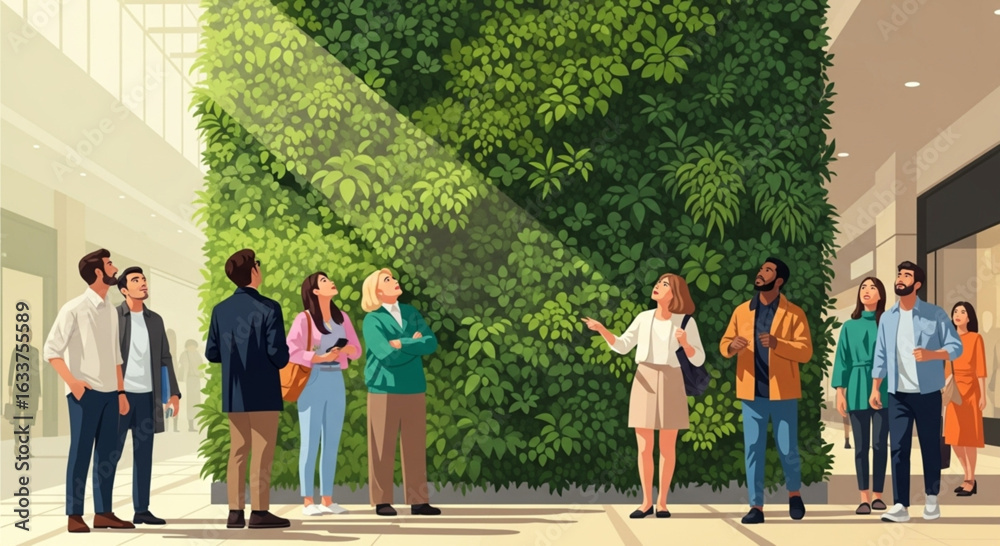 Obraz premium People gathered around a large indoor vertical garden, looking at and interacting with it.