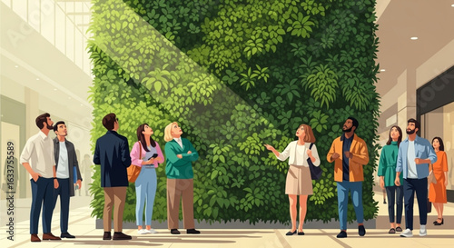 People gathered around a large indoor vertical garden, looking at and interacting with it.