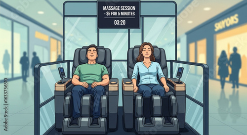 Couple relaxing in separate massage chairs within a modern shopping mall.