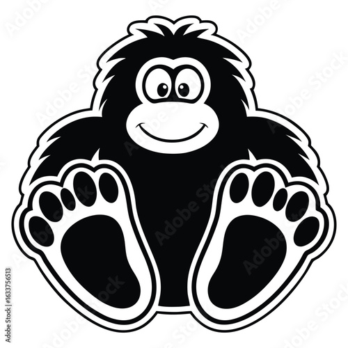 Cute cartoon bigfoot sitting with happy face and paw prints silhouette