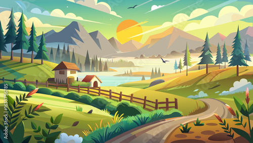 Golden sunlight filters through gentle fog. Rolling hills fade into soft distance. Wooden fences stretch beside grassy fields. Morning dew glistens quietly. Everything feels fresh, calm, glowing, and 