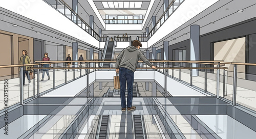 A young man overlooks a modern shopping mall's expansive atrium, featuring glass walkways and escalators.