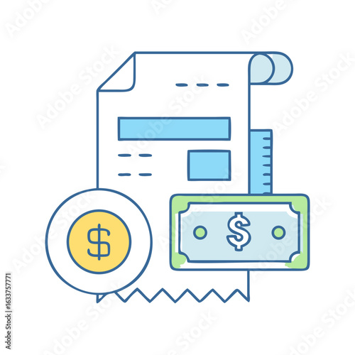 Financial report with receipt roll, coin, dollar bill and total summary