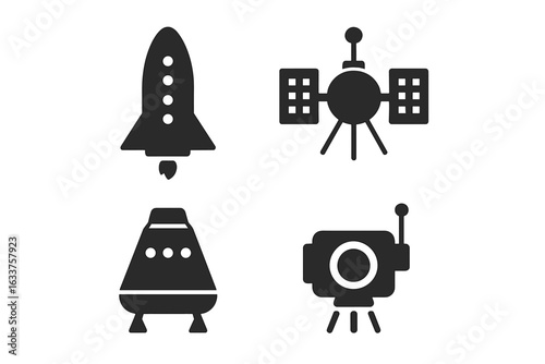 Interstellar spacecraft icons set. Rocket, space capsule, satellite, lunar lander. Modern vector silhouette symbols. Futuristic technology, exploration, outer space travel, mission elements collection