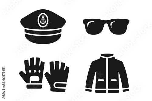 Sailing Equipment Icon Set. Captain’s Hat, Sunglasses, Sailing Gloves, Waterproof Jacket. Nautical Apparel and Accessories Collection. Black Silhouette Vector for Marine Sport and Yacht Crew Design