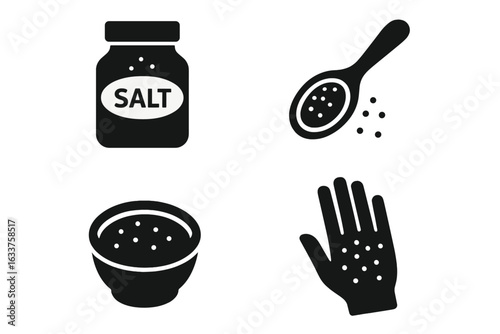 Salt Scrub Essentials Vector Icons Set. Solid Black Silhouette Collection. Salt Jar, Wooden Spoon, Mixing Bowl, Exfoliating Hand. Body Care, Spa Treatment, Skincare Ingredients, Exfoliation Concept
