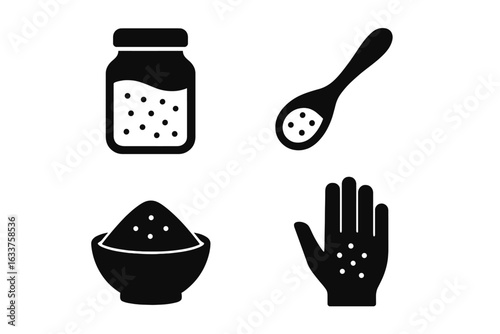 Salt Scrub Essentials Solid Vector Icons Set. Black Silhouettes of Salt Jar, Wooden Spoon, Mixing Bowl, Hand Exfoliation, Bodycare, Beauty Treatment, Spa, Skincare, Hygiene, Transparent Background