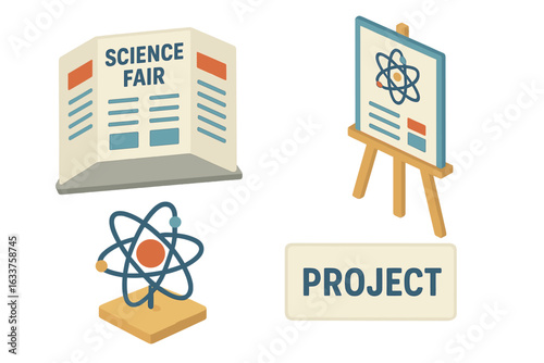 Science fair project icons set. Isometric vector illustration of science fair display board, presentation poster on tripod easel, 3D atom model, project concept, education event preparation
