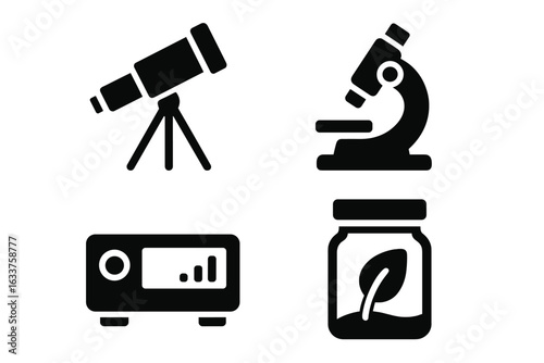 Science exploration tool icons set. Vector illustration of solid filled symbols for laboratory research: telescope, microscope, spectrometer, specimen jar. Educational equipment, scientific discovery