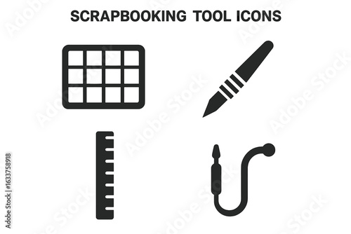 Scrapbooking tool icons solid vector set. Filled silhouette cut mat, craft knife, ruler, embossing stylus, paper corner template. DIY arts and crafts equipment collection for design isolated.