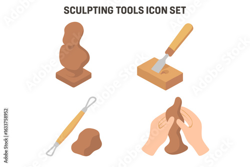 Sculpting Tools Icon Set. Isometric vector collection of clay sculpting, modeling and carving tools, hands shaping clay, wooden handle chisel, loop tool, creative sculpture process illustration