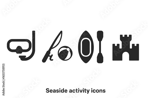 Seaside activity icon set. Solid filled vector icons of snorkeling mask, fishing rod, beach ball, kayak, paddle, sandcastle. Beach vacation summer recreation symbols. Isolated graphic design elements.