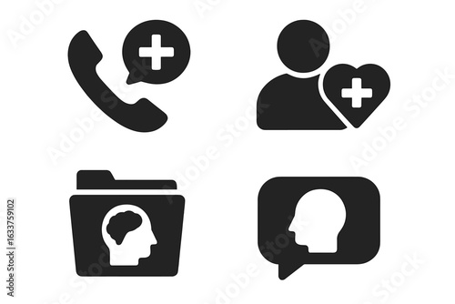 School Support Services Icons Set. Solid Filled Vector Illustrations for Phone Helpline, Wellness Office, Mental Health Files, Counseling, Therapy, Psychology, Emotional Support, Education Assistance