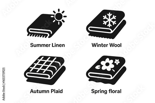 Seasonal bedding icon set. Solid vector icons representing spring floral, summer linen, autumn plaid, winter wool blankets. Seasonal home textile illustration. Cozy bedding decor design elements.
