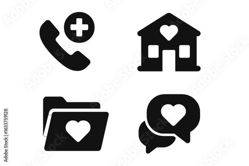 School Support Services Vector Icons Set. Solid Black Filled Symbols for Phone Helpline, Wellness Office, Mental Health, Counseling Chat, Heart Folder, School Assistance, Emotional Wellbeing