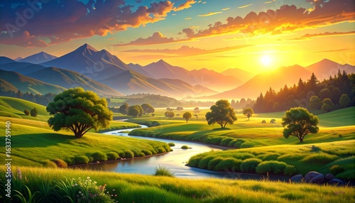 Wallpaper Mural Beautiful landscape green hills, a golden sunset sky, distant mountains, and a peaceful river flowing through a vibrant valley Torontodigital.ca