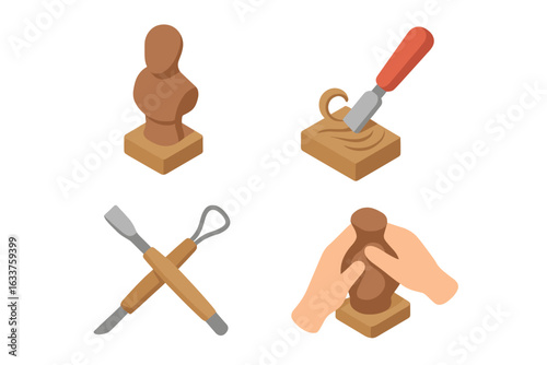Isometric Sculpting Tools and Techniques Icon Set. Clay Sculpture, Wood Carving, Chisel, Modeling Hands, Art Creation, Carving Tools, Artistic Craft, Detailed Vector Illustration for Artists