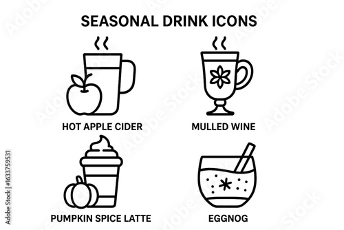 Seasonal drink icon set. Outline vector illustration of hot apple cider, mulled wine, pumpkin spice latte, eggnog. Holiday beverage collection. Winter, autumn, festive party drinks isolated.