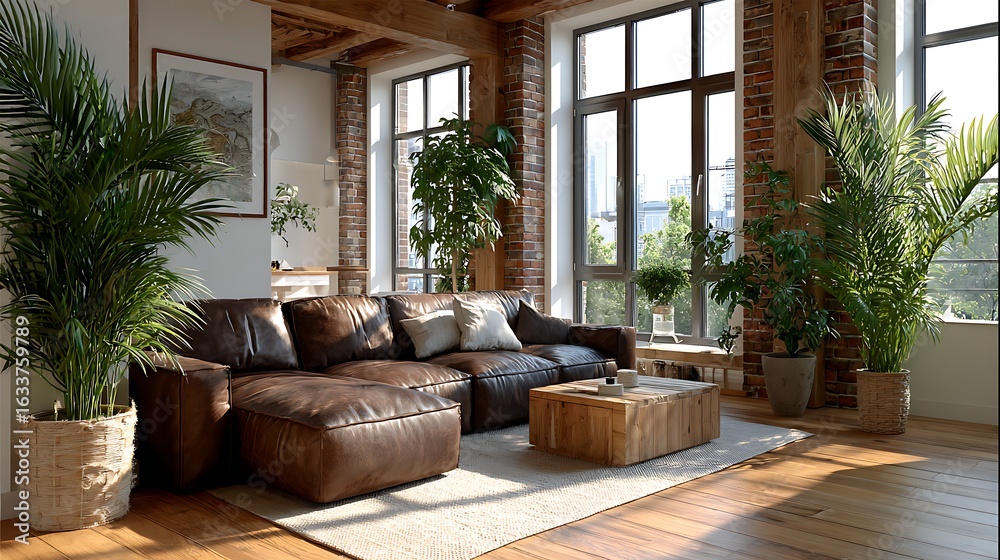 Obraz premium Cozy Loft Interior with Leather Sofa and Sunlight Filtering Through Windows