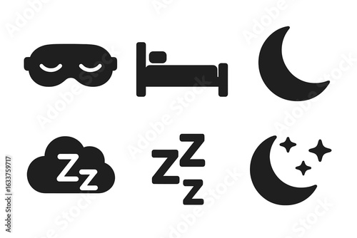 Sleep icon set. Solid filled vector icons of sleep and rest, including sleep mask, bed, crescent moon, dream cloud, ZZZ symbol, starry night for relaxation, bedtime, dream, insomnia, nap, snooze.