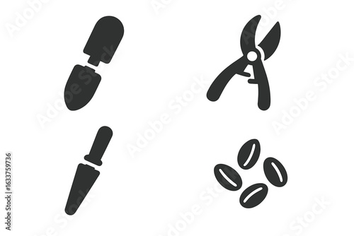 Small-Space Farming Tools Icon Set. Solid Vector Symbols of Hand Spade, Pruning Shears, Planting Dibber, Seeds. Urban Gardening, Home Horticulture, Allotment, Sustainable Agriculture Equipment.