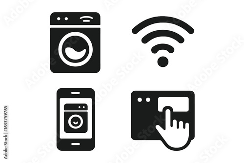 Smart washing machine icons set. Modern laundry technology vector. Wi-Fi enabled washer, smart home appliance, mobile phone app control, remote laundry management, touchscreen, innovation, automation.