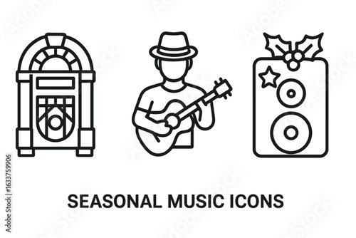 Seasonal music icon set. Outline vector illustration of jukebox, street musician playing guitar, festive holiday speaker with holly, entertainment event design elements, transparent background.