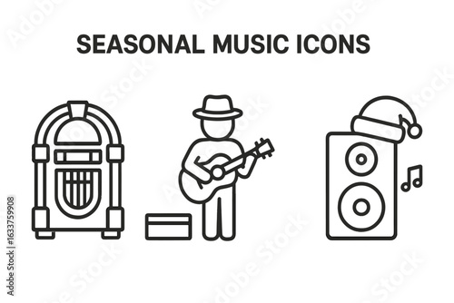 Seasonal music entertainment vector icons set. Jukebox outline, street musician guitarist, Christmas holiday speaker with Santa hat, festive audio elements, winter celebration music symbols.